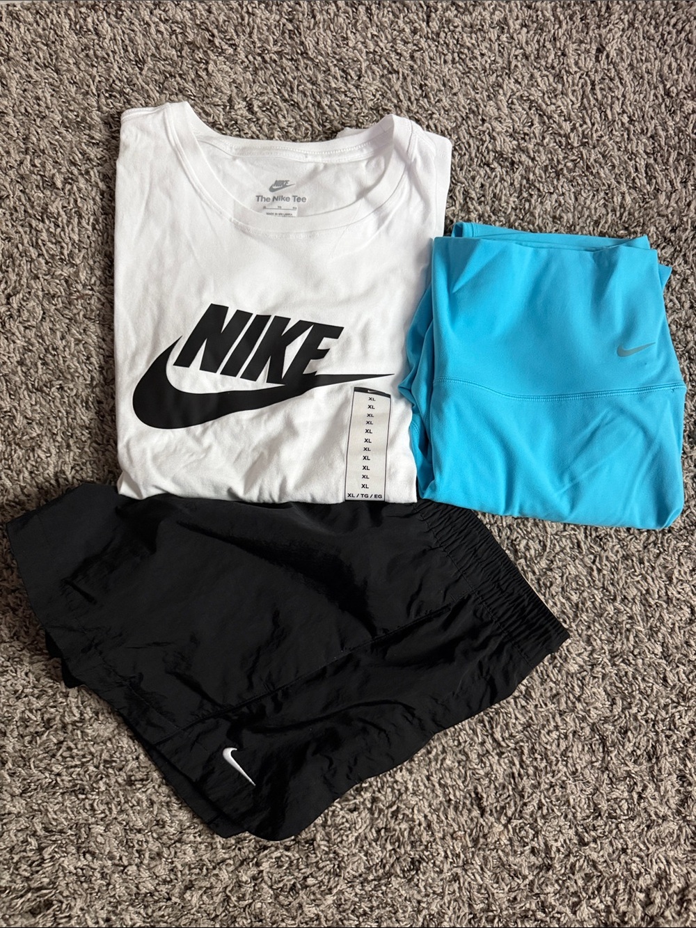 Nike White Logo Tee, Black Shorts & Bright Teal Leggings Active Trio
